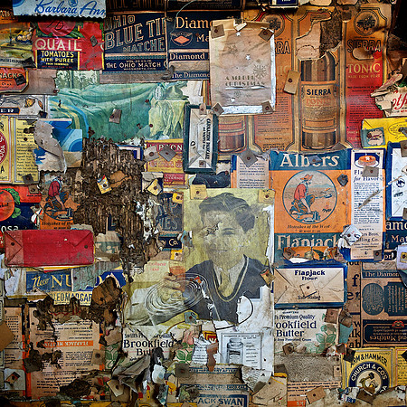Wallpaper Collage Secured with Cardboard Washers - 'Burro' Schmidt Cabin - 2011
